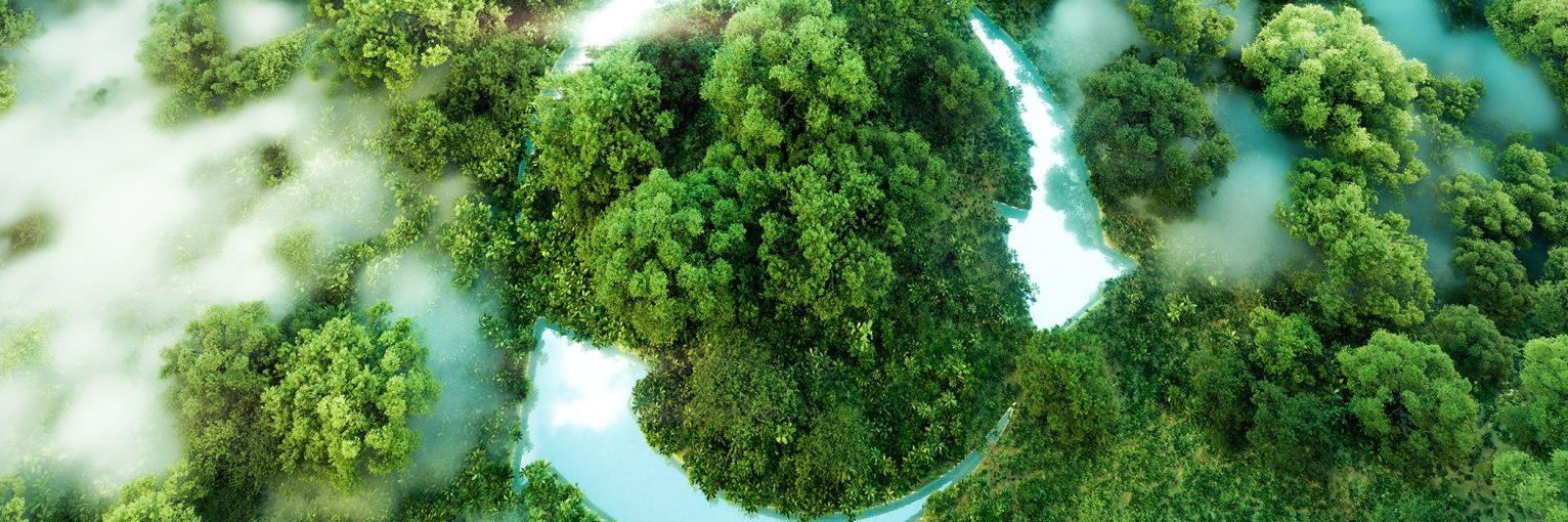 3D Rendering of a Pristine Jungle Pond Featuring an Abstract Icon Encouraging Ecological Recycling and Reuse with a Central Recycling Symbol.