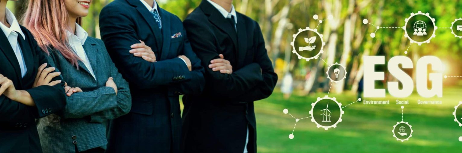 Panorama business people standing in line together with confidence, ESG partnership and unity to achieve environmental sustainability with net zero technology investment for greener future. Reliance